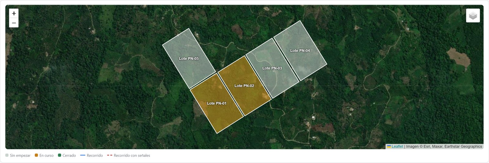Lotes de la finca sobre imagen satelital con su estado de avance