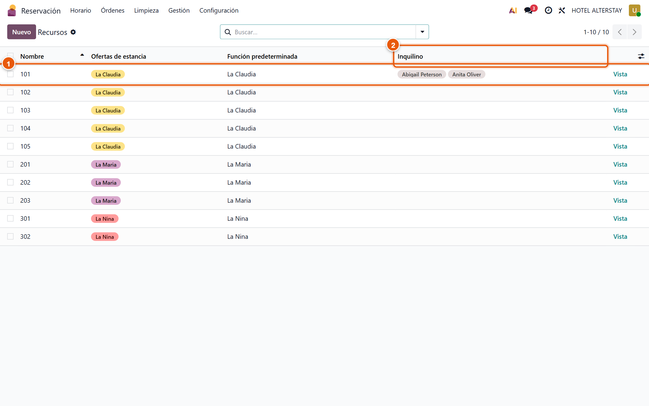 Configuración → Recursos (habitaciones físicas)